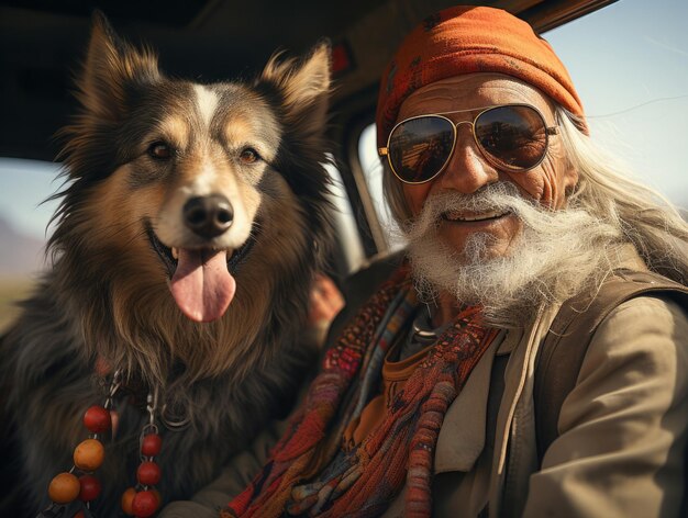 Ein fröhlicher älterer Mann mit einem Hund, der mit dem Auto um die Welt reist, generiert von KI