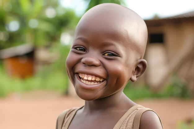 Ein fröhlicher afrikanischer Junge mit rasiertem Kopf und einem breiten Lächeln