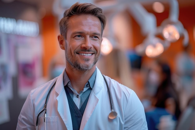 Foto ein fröhlicher bärtiger zahnarzt mit einem stethoskop um den hals steht in einer orangelichten klinik. sein warmes lächeln deutet auf komfort und fachwissen in der zahnmedizinischen umgebung hin.
