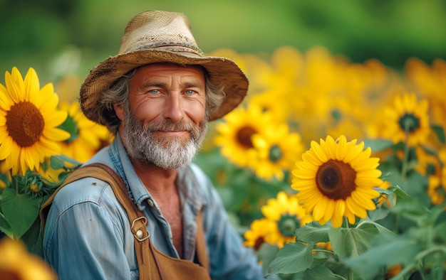 Ein fröhlicher Bauer inmitten von Sonnenblumen