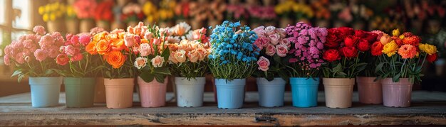 Ein fröhlicher Blumenladen voller farbenfroher Arrangements zum Verkauf