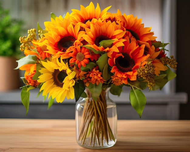 Ein fröhlicher Bouquet mit einem Ausbruch von gelben Sonnenblumen und lebendigen orangefarbenen Gänseblümchen