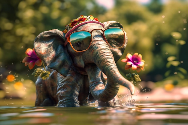 Ein fröhlicher Elefant mit Blumenkrone und Sonnenbrille, der mit einem breiten Lächeln im Gesicht in einem Fluss planscht