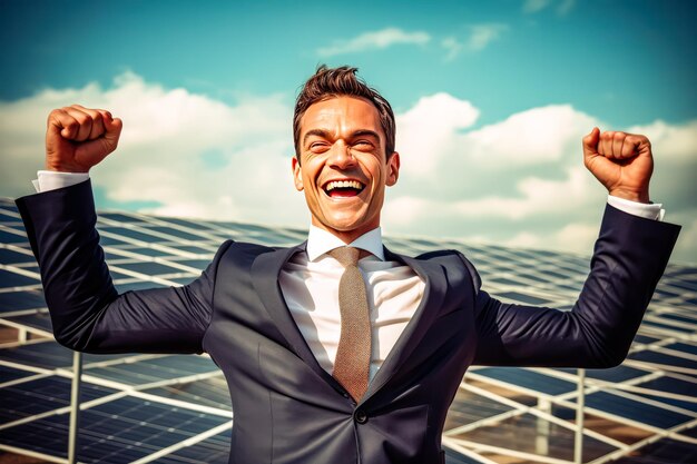 Foto ein fröhlicher geschäftsmann springt vor begeisterung gegen den hintergrund von solaranlagen