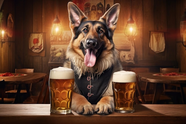 Ein fröhlicher Hund mit einem Bierkrug und einem Lächeln erscheint zufrieden hinter einem Schild auf dem Oktoberfest