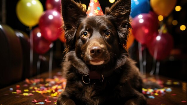 Foto ein fröhlicher hund mit einem party-hut konfetti spielerische hintergrundbilder hd illustrationen