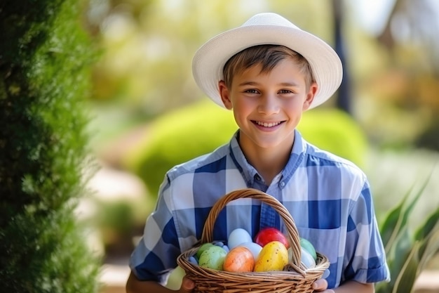Ein fröhlicher Junge mit einem Korb mit farbigen Eiern in den Händen im Osterfest