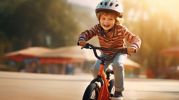 Ein fröhlicher junger Junge, der Skater-Stil übt, fährt sein Fahrrad entlang einer Pumpbahn