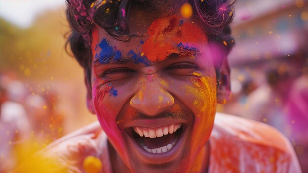 Ein fröhlicher junger Mann, der mit Regenbogenpulver bedeckt ist und das Holi-Festival feiert