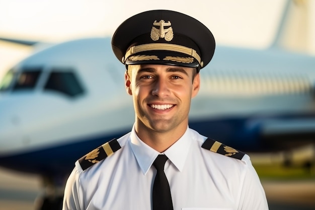 Ein fröhlicher junger Mann, ein Flugzeugarbeiter, berührt den Kapitänshut und lächelt, während er auf dem Flugplatz mit dem Flugzeug im Hintergrund steht