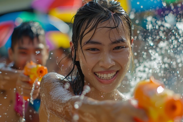 Foto ein fröhlicher junger mann und eine fröhliche junge frau kämpfen in songkran in thailand.