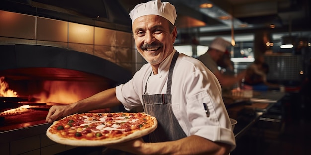 Foto ein fröhlicher koch hat eine große italienische pizza voller aromen und freude an der generativen ki zubereitet