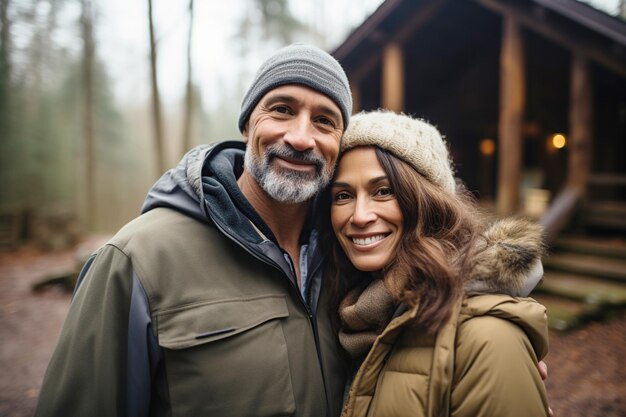 Ein fröhlicher Mann und eine fröhliche Frau in Kältekleidung stehen vor einer Winterhütte.