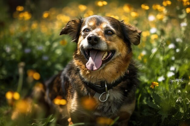 Ein fröhlicher Mischlingshund sitzt im Gras in einem Garten