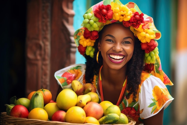 Ein fröhlicher Palenquera-Fruchtverkäufer in Cartagena, Kolumbien