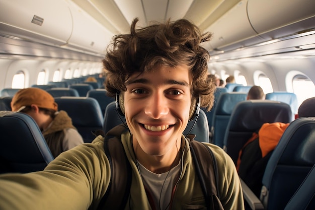 Ein fröhlicher Reisender, der ein Selfie in einer Flugzeug-KI macht