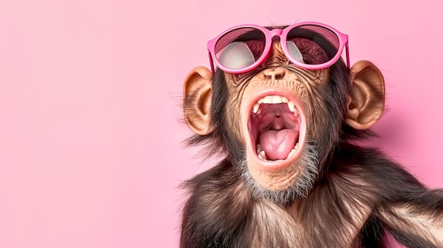 Foto ein fröhlicher schimpanse mit sonnenbrille glück in der natur