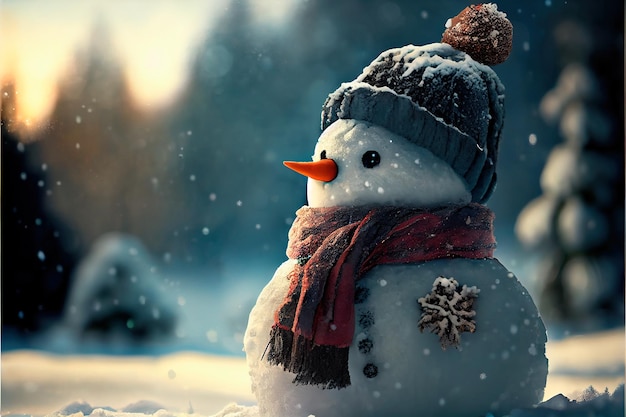 Ein fröhlicher Schneemann, der in einem Winter-Weihnachtswald steht Eine Winter-Weihnachtslandschaft