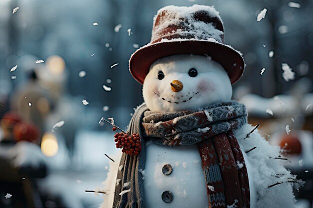 Foto ein fröhlicher schneemann steht vor einer schneebedeckten stadtkulisse und strahlt weihnachtsfreude aus.