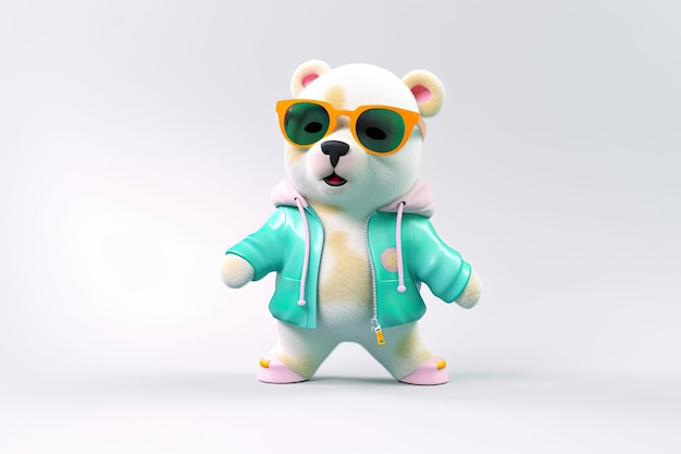 Ein fröhlicher und cooler 3D-Charakter eines Bären mit Ganzkörperkleidung und Sonnenbrille auf einem Hintergrund Generative KI