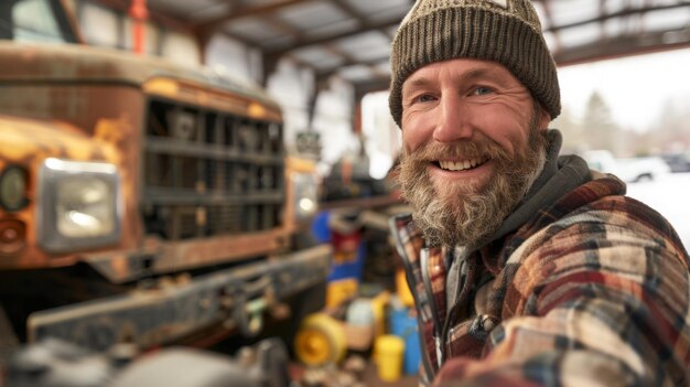 Ein fröhlicher und freundlicher Techniker mit Kapuze und Bart in einer Winterwerkstatt