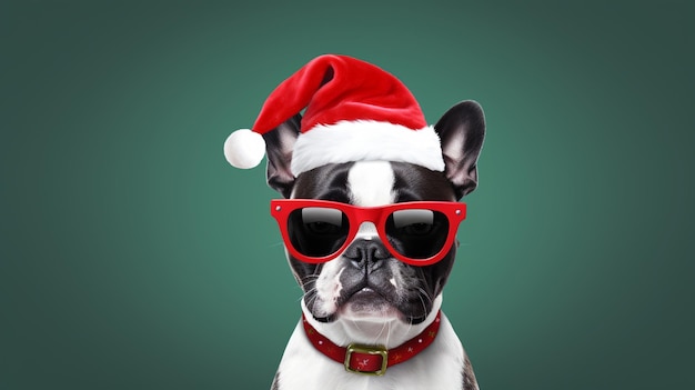 Ein fröhlicher und fröhlicher Boston Terrier-Hund mit Weihnachtsmannmütze und Sonnenbrille