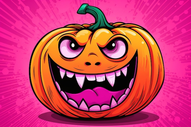 Ein fröhlicher, wütender orangefarbener Kürbis mit Augen und Zähnen auf einem stilvollen, trendigen rosa Hintergrund Ein lustiges Halloween-Konzept