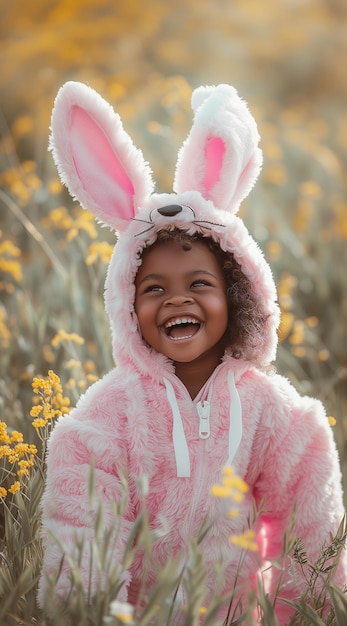 Ein fröhliches afroamerikanisches Kind im Osterhase-Kostüm lacht auf der Frühlingswiese