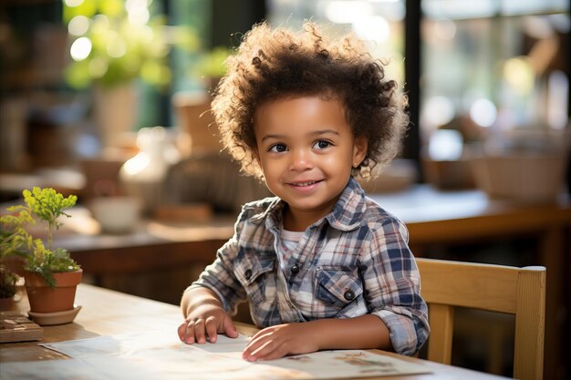 Ein fröhliches afroamerikanisches Kind sitzt am Tisch und genießt einen glücklichen Moment mit einem Lächeln auf dem Gesicht