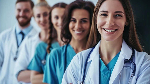 Ein fröhliches Bild eines Teams von Ärzten und Krankenschwestern, die in einem Krankenhaus zusammenarbeiten, um Gesundheitsdienste anzubieten