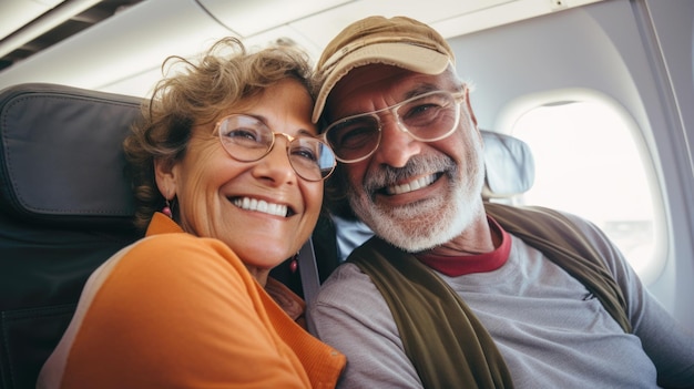 Ein fröhliches Ehepaar mittleren Alters, das mit dem Flugzeug reist
