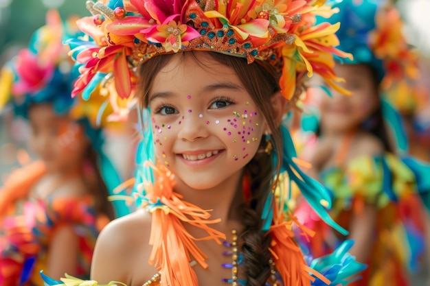 Ein fröhliches junges Mädchen in einem lebendigen gefiederten Kostüm bei einer farbenfrohen Festivalparade Ein lächelndes Kind feiert die kulturelle Tradition mit Gesichtsmalerei und Kopfbedeckung