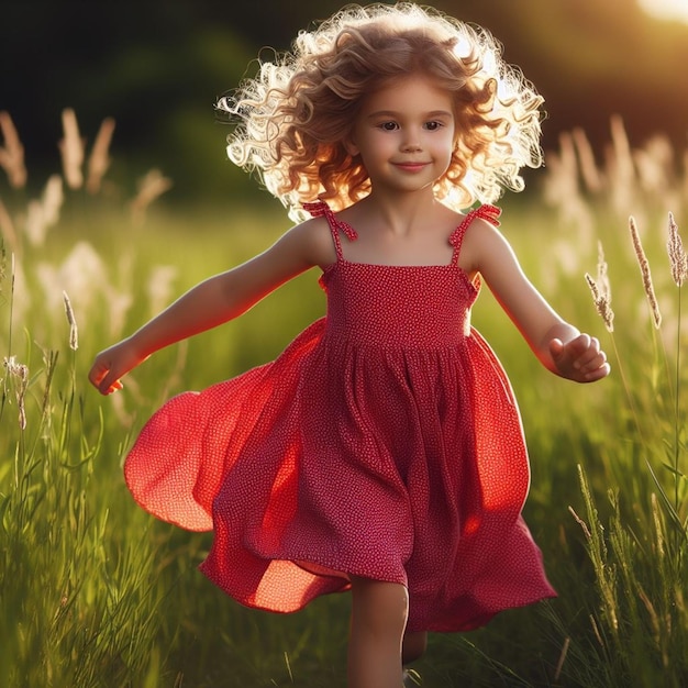 Ein fröhliches junges Mädchen läuft am späten Nachmittag auf einer sonnigen Wiese