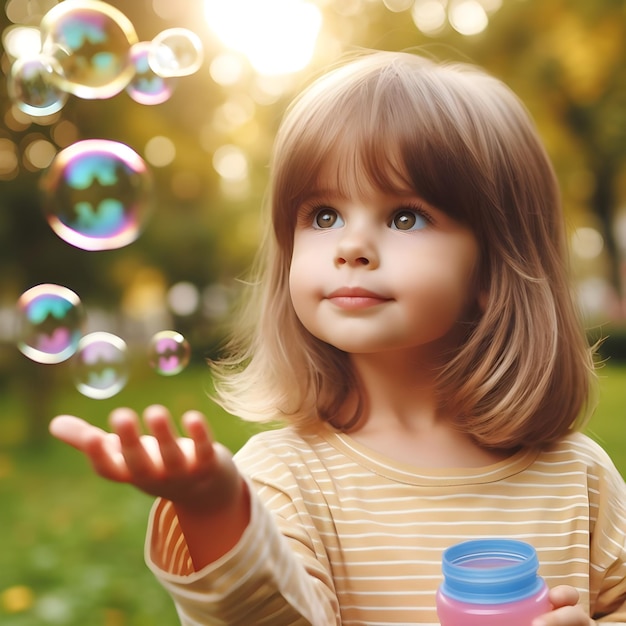 Ein fröhliches junges Mädchen spielt an einem sonnigen Tag im Park mit Seifenblasen