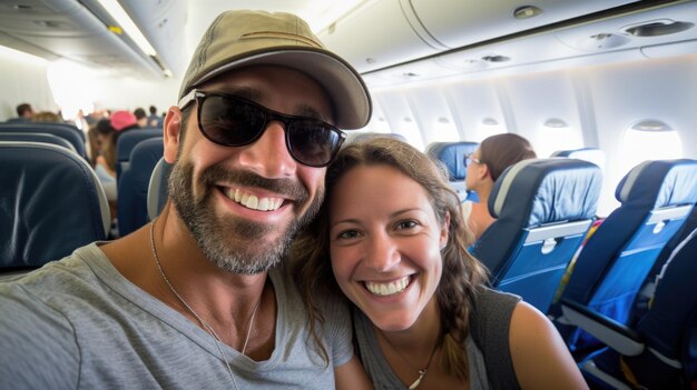 Ein fröhliches junges Paar reist mit dem Flugzeug und macht ein Selfie.