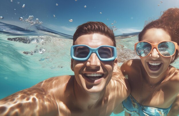 ein fröhliches junges Paar schwimmt im Meer