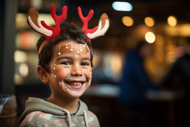 Ein fröhliches Kind mit einem Gesicht, das als Rudolph das rotnosige Rentier gemalt ist, umarmt das festliche Weihnachten