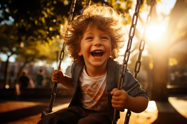 Ein fröhliches Kind schwingt sich mit einem strahlenden Lächeln in einem sonnigen Park.