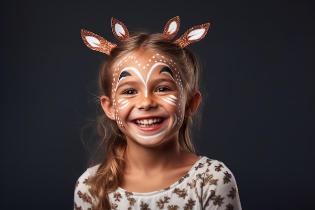 Ein fröhliches Kind39s Gesicht verwandelt sich in Rudolph das rotnosige Rentier für ein lustiges Weihnachten