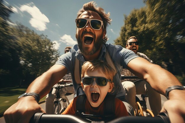 Foto ein fröhliches kleines kind und sein vater fahren fahrräder auf der straße