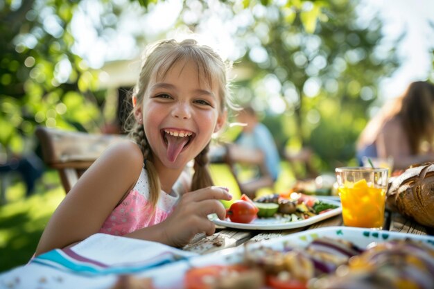 Foto ein fröhliches kleines mädchen sitzt im freien an einem tisch und genießt in einem familiengarten gegrilltes essen