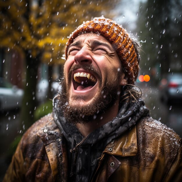 Foto ein fröhliches porträt eines mädchens, das im regen lacht, die regentropfen einfrieren