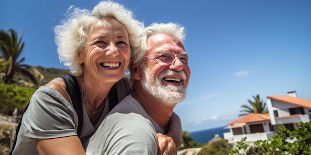 Ein fröhliches, reifes Seniorenpaar in der Nähe ihrer Villa der Mann trägt die Frau auf dem Rücken und verkörpert Glück und jahrelange Erfahrung Ai Generative AI