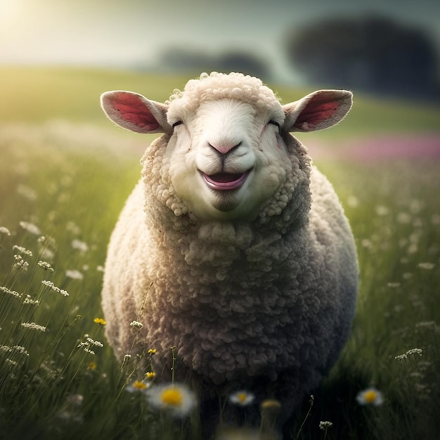 Ein fröhliches Schaf, das auf der Wiese weidet KI