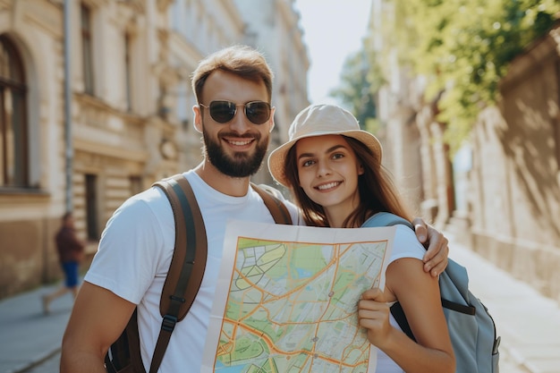 Foto ein fröhliches touristenpaar schaut sich eine karte an und lächelt, während es mit ki in der stadt spazieren geht