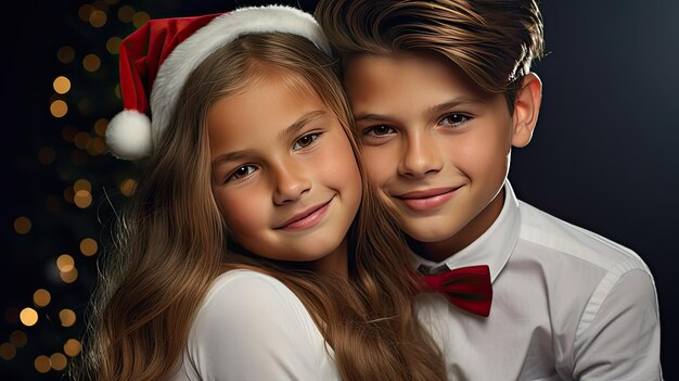 ein fröhliches und stilvolles junges Paar ein Mädchen und ein Junge in modischer Kleidung sitzen zusammen in einem Studio der festliche Geist von Weihnachten und Neujahr mit ihren glücklichen lächelnden Gesichtern
