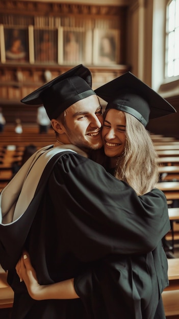 Ein fröhliches Universitätspaar umarmt und gratuliert sich gegenseitig zu ihrem Abschluss und feiert ihre Leistung in einem Vortragssaal