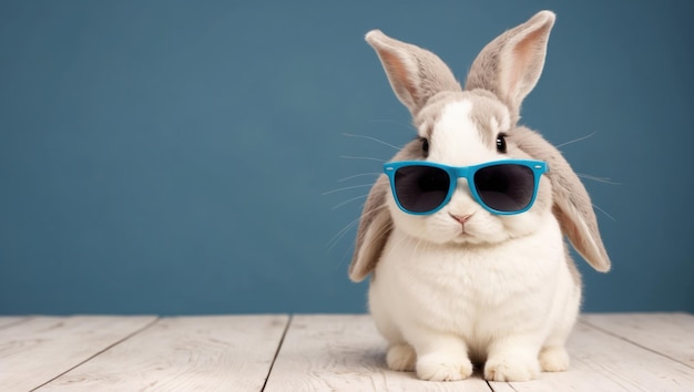 Ein fröhliches Zeichentrickkaninchen mit Sonnenbrille inmitten lebendiger Blumen