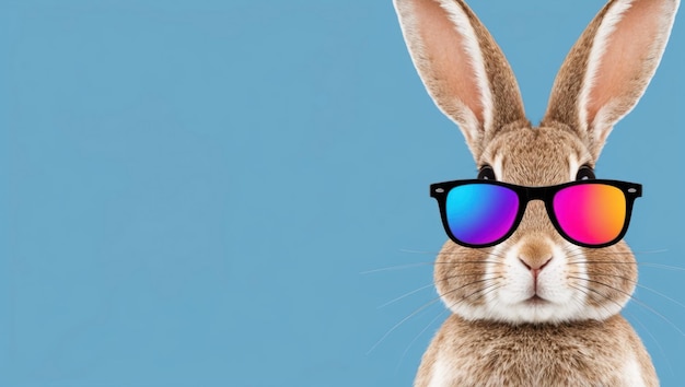 Ein fröhliches Zeichentrickkaninchen mit Sonnenbrille inmitten lebendiger Blumen