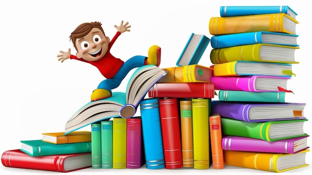 Ein fröhliches Zeichentrickkind auf einem Stapel farbenfroher Bücher feiert die Fantasie und das Lernen